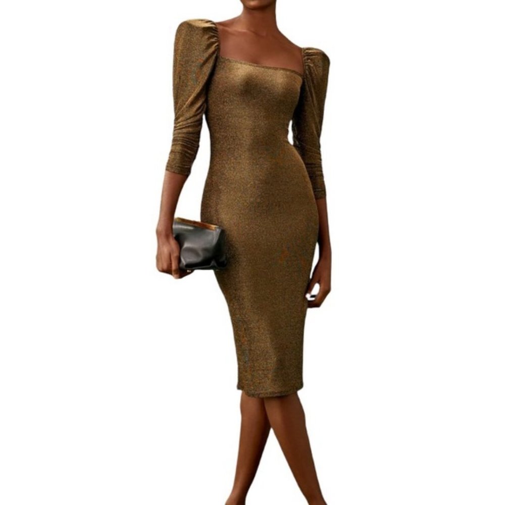 Reformation 'Rahm' Ruched Puff Sleeve Dress in Bronze Sparkle Size XS